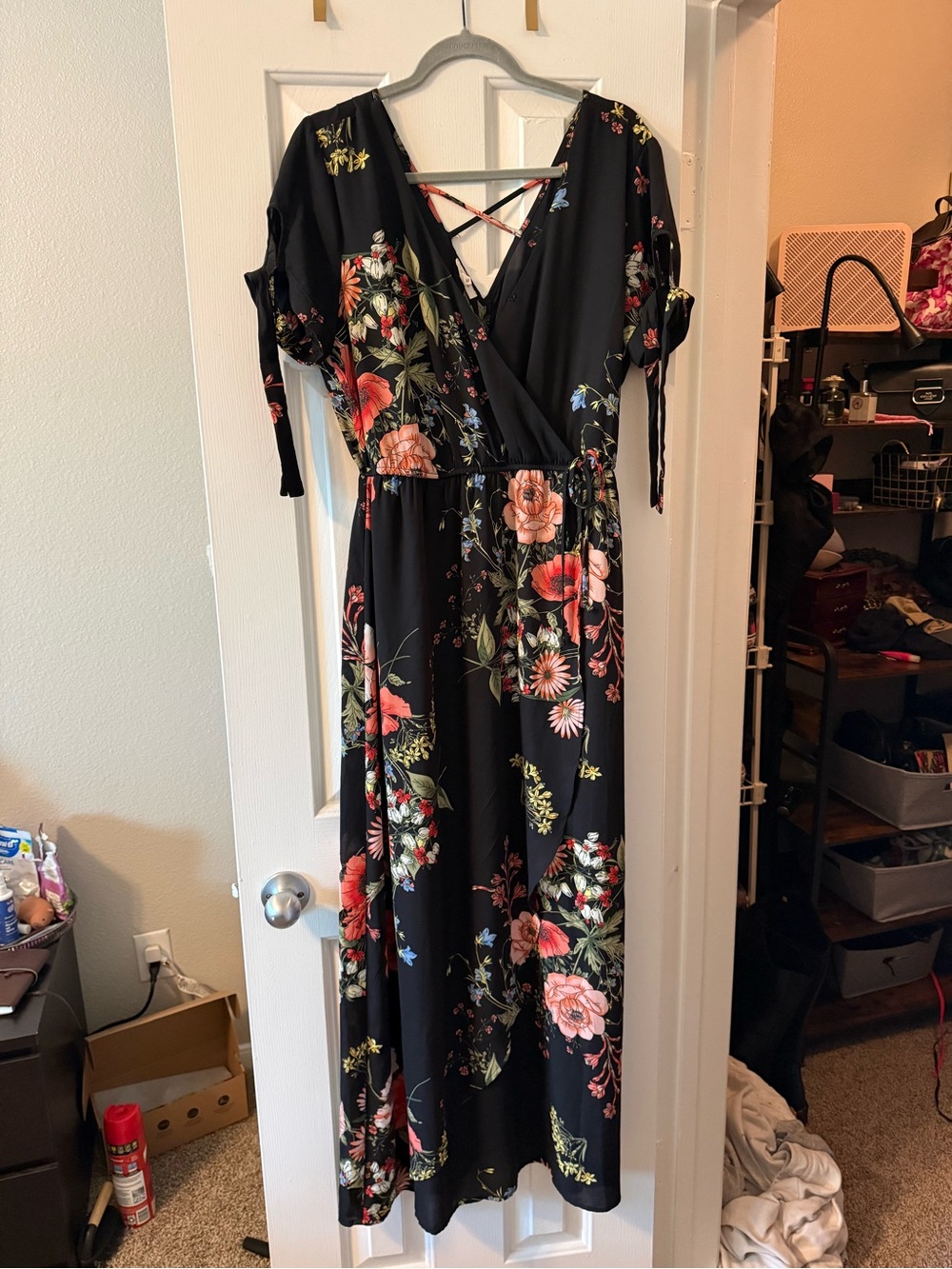 Maurices Black Floral Wrap Maxi Dress with Pink & Coral Blooms